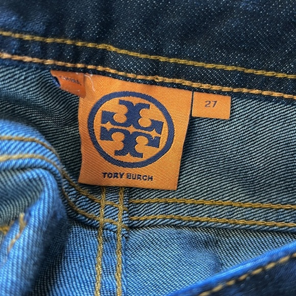 Tory Burch Classic Tory Boot Jean Dark Wash Big Logo Designer Sz 27 - Picture 11 of 16